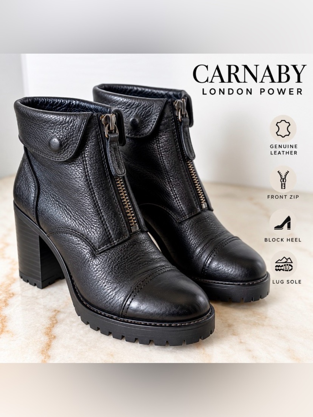 🖤 Carnaby London Power Black Leather Front Zip Chunky Heel Ankle Boots – EU 39